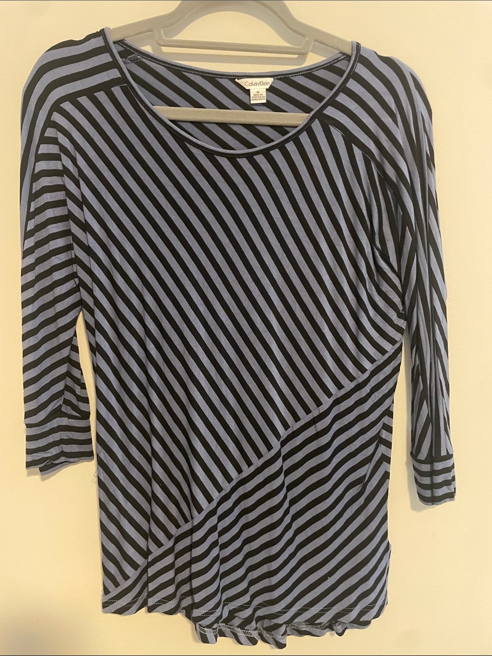 Calvin Klein Black and Light Blue Diagonal Stripe Long Sleeve Scoop Neck Top